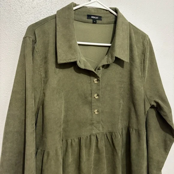 Wishlist Long Sleeve Green Corduroy Type Dress with Pockets - Size Large - Picture 7 of 8